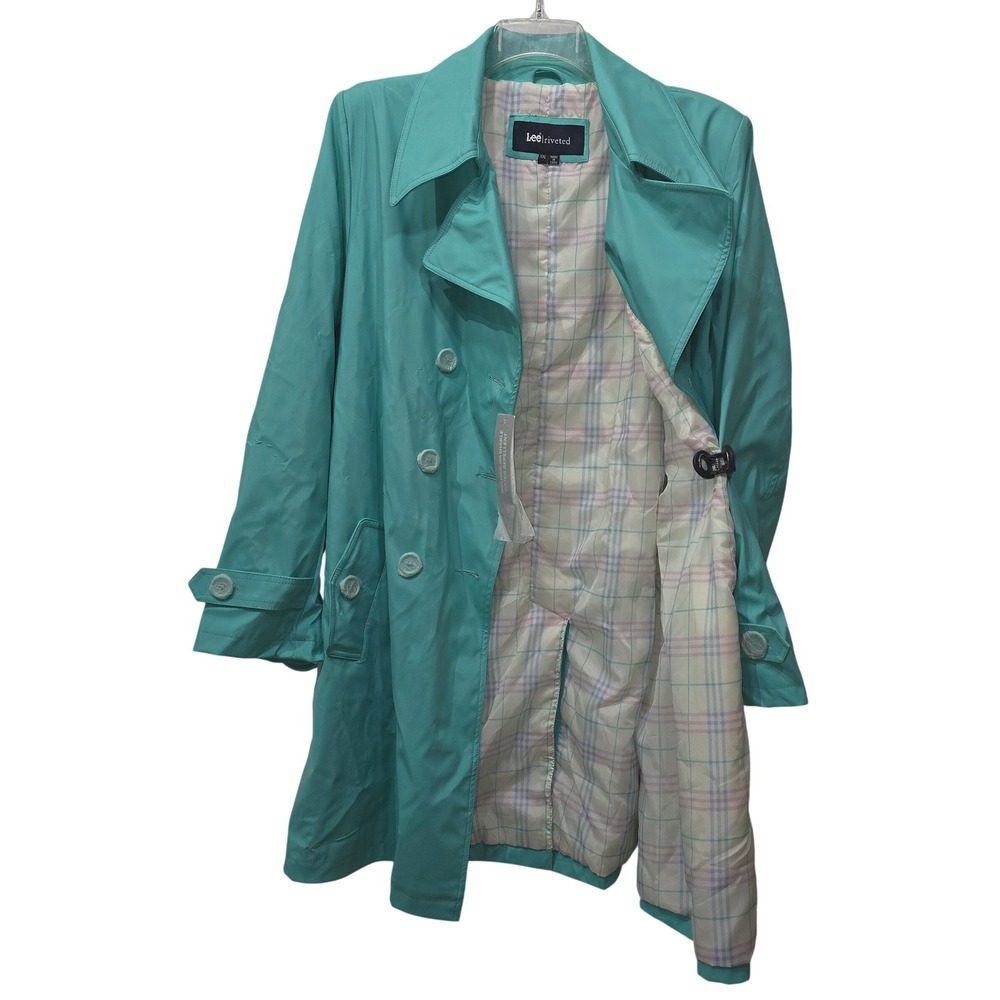 Lee Riveted Turquoise Trench Coat Raincoat Plaid Lined Womens XXL Water Repel